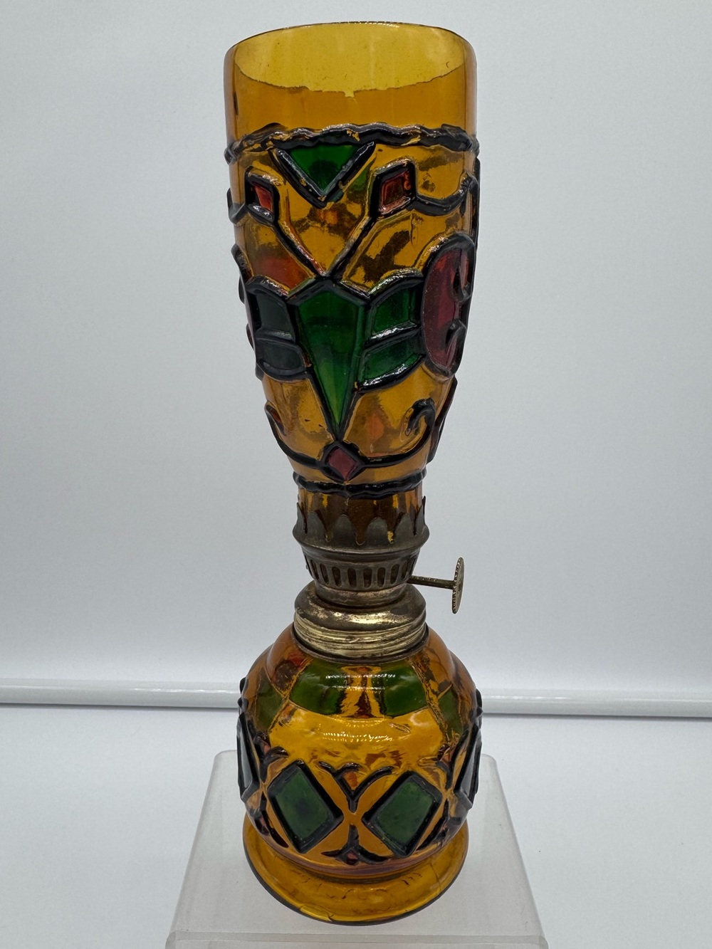 Vintage Amber Glass Oil Lamp Faux Stained Glass Hong Kong MCM